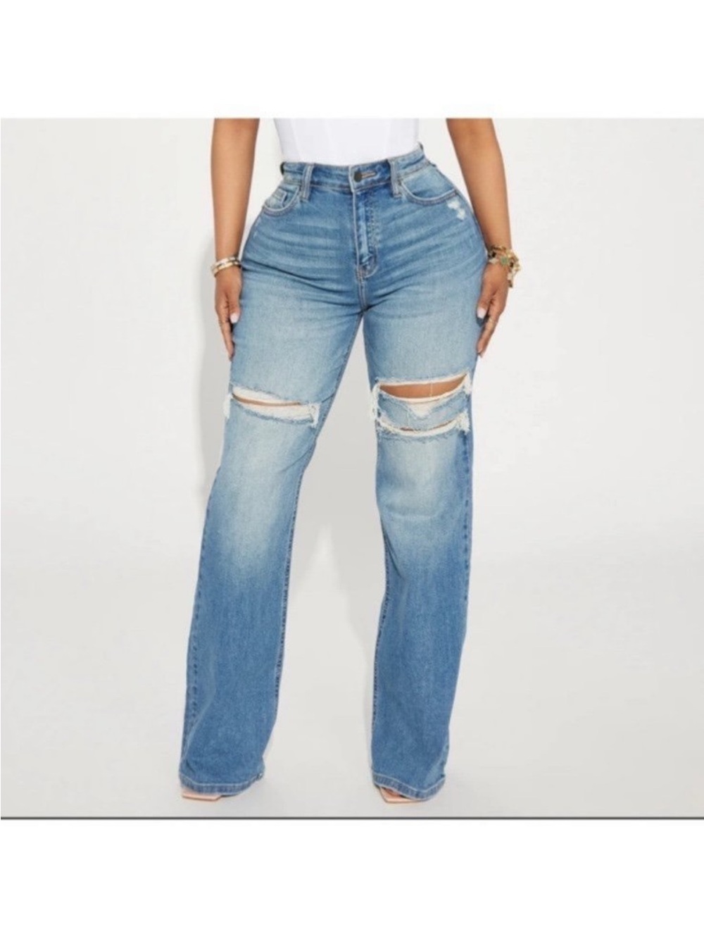 Medium Wash Ripped Stretch Baggy Jeans